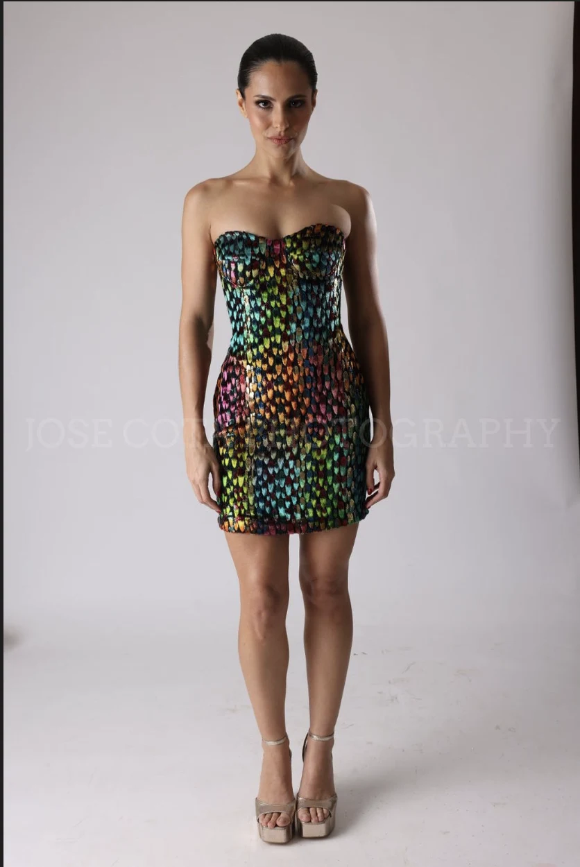 Vestido Corto de Colores de frente, escamas iridiscentes